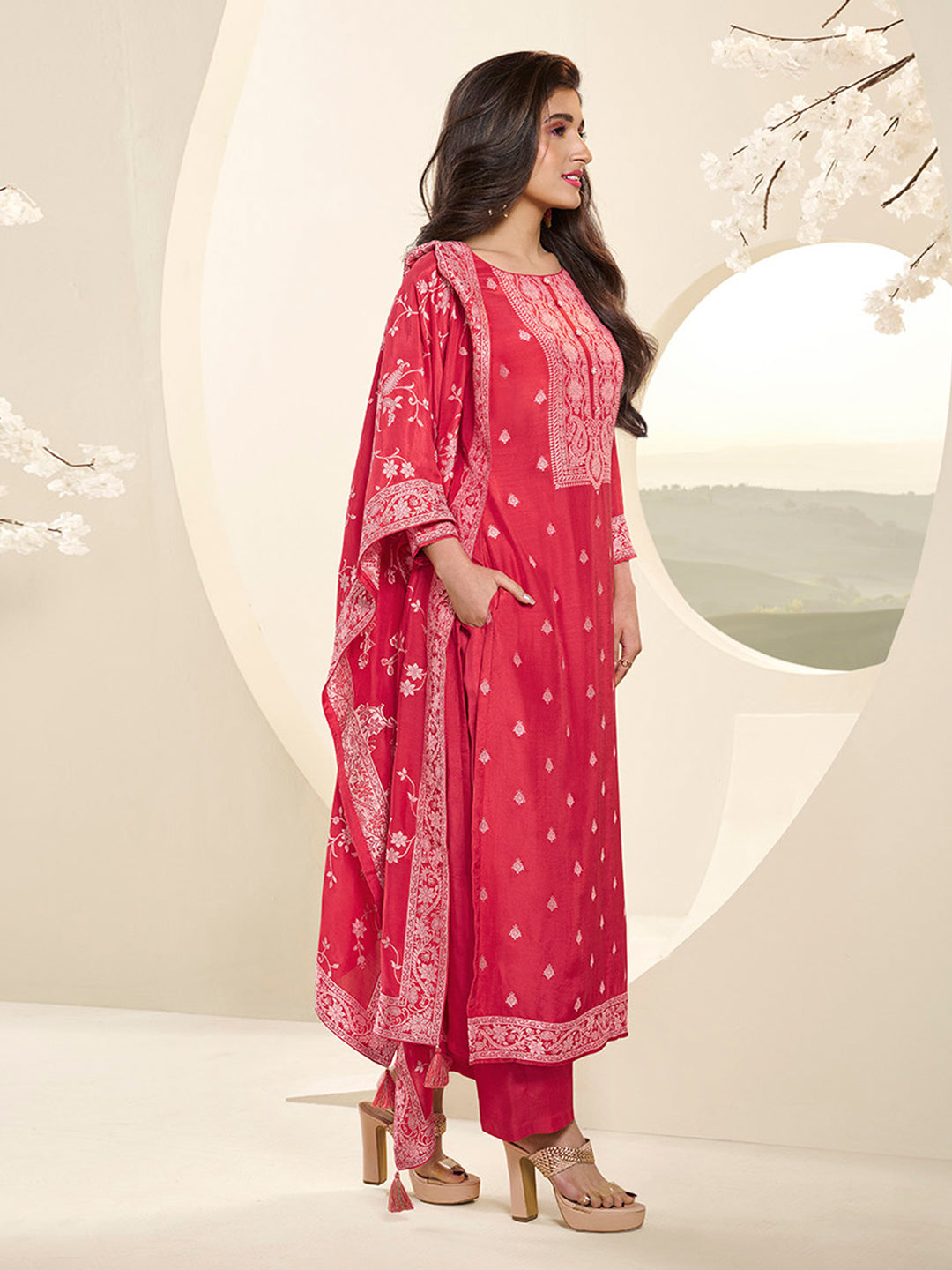 Muslin Jacquard Amaranth Kurta Suit Set with White Thread Weave with Handcrafted Buttons