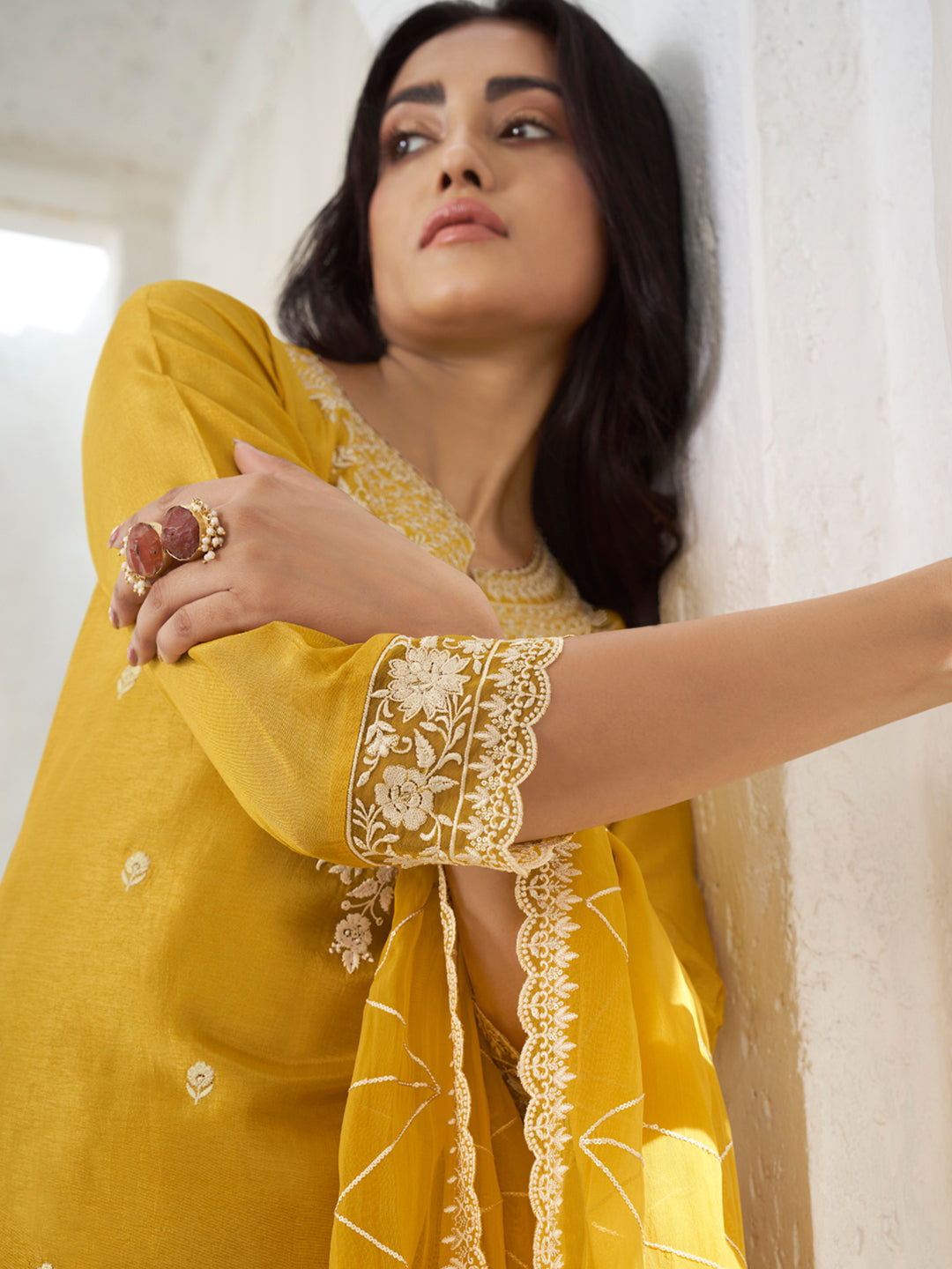 Floral and Geometric Threadwork Kurta Set with Hanging Pearl Daman, Straight Pant, and Dupatta