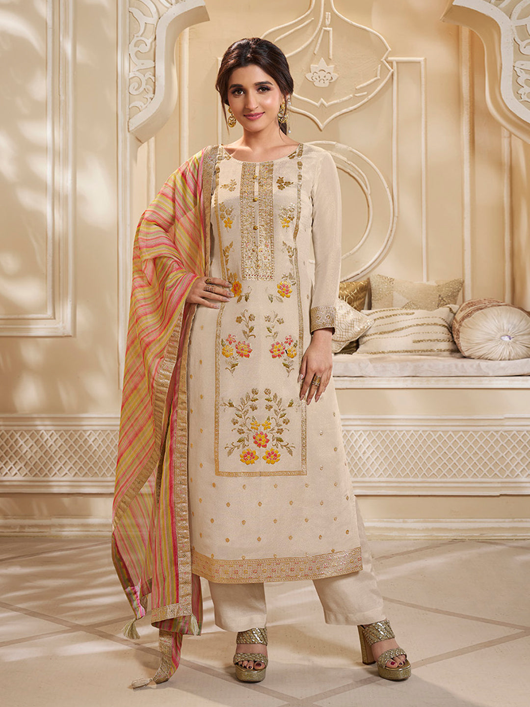 Cream Tissue Silk Meena Jacquard Designer Panel Work Kurta Suit Set