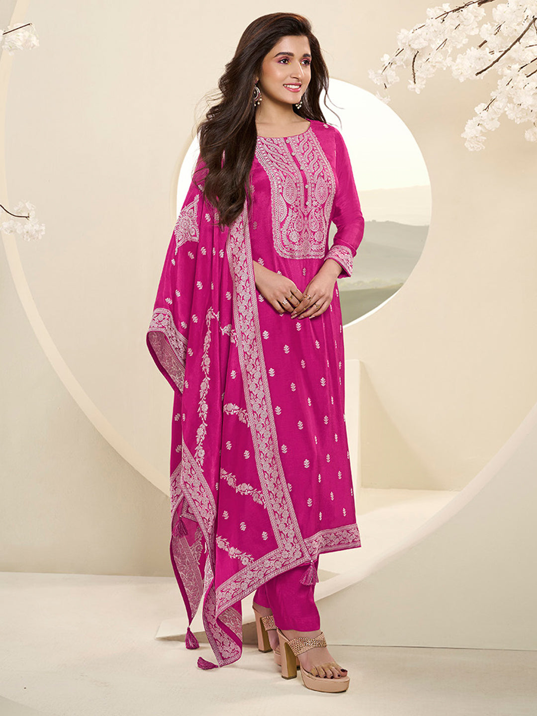 Muslin Jacquard Burnt Pink Kurta Suit Set with White Thread Weave with Handcrafted Buttons