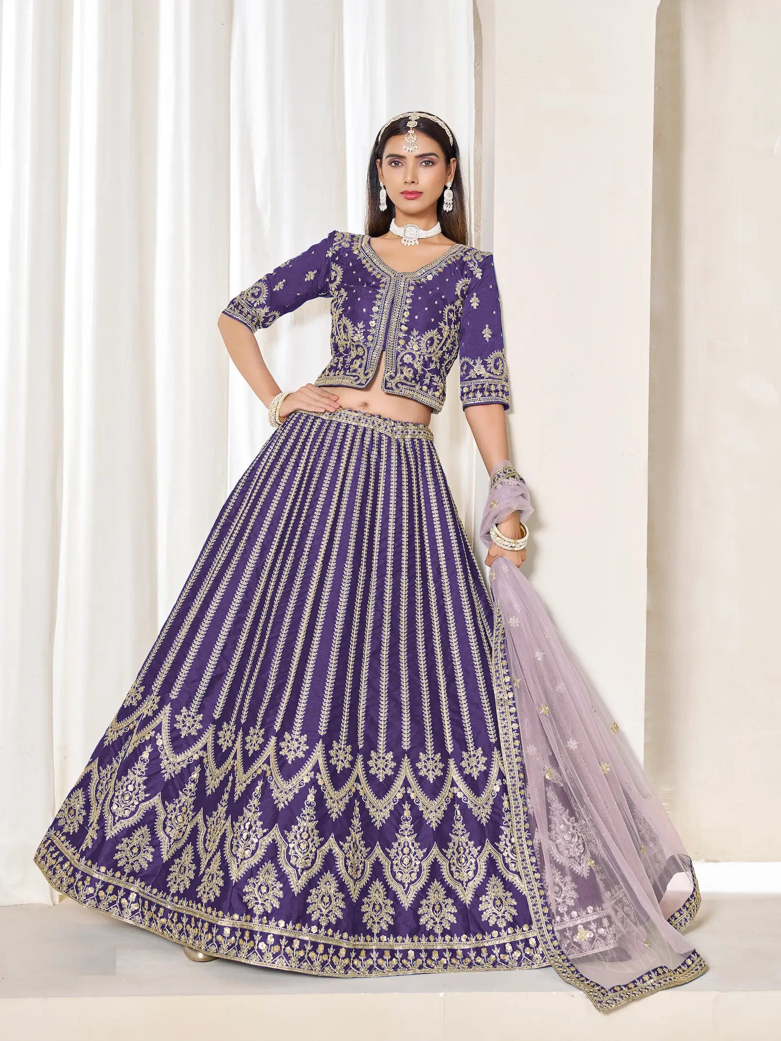 Purple Art Silk Thread & Sequins Embroidery Lehenga Choli - qivii