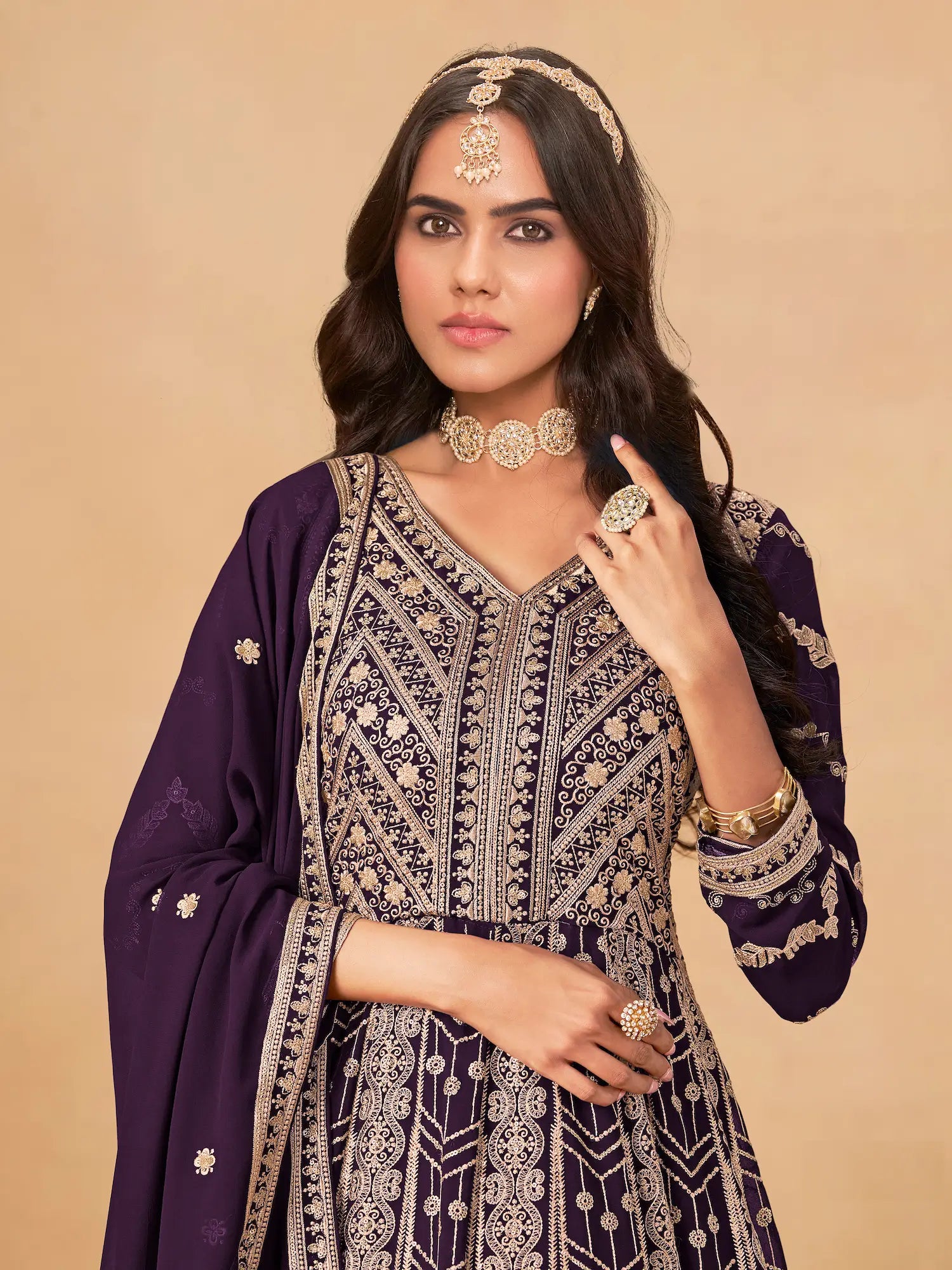 Deep Purple Georgette Embroidery Work Gown