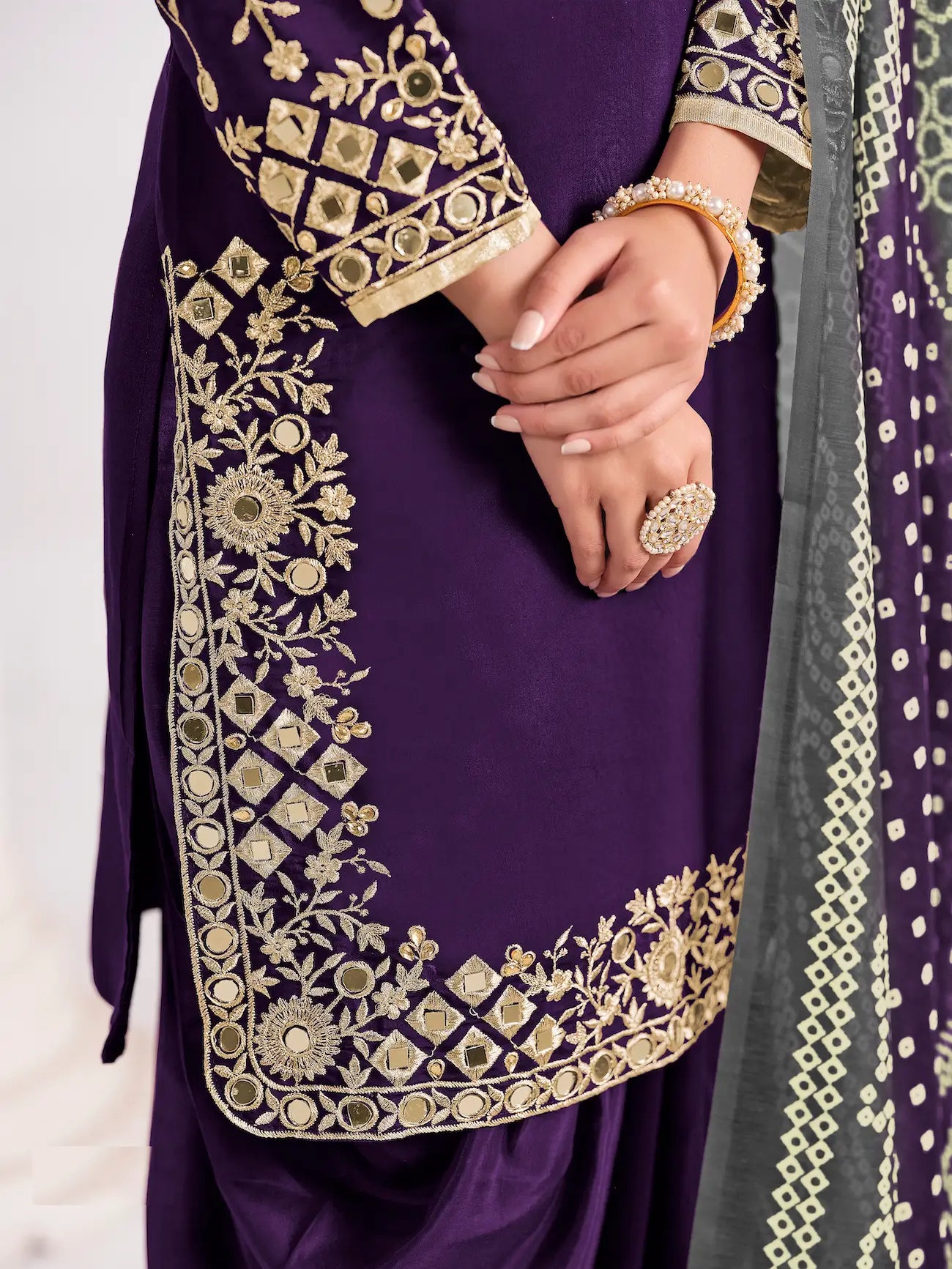 Purple Silk Salwar Suit With Mirror Work & Embroidery - qivii