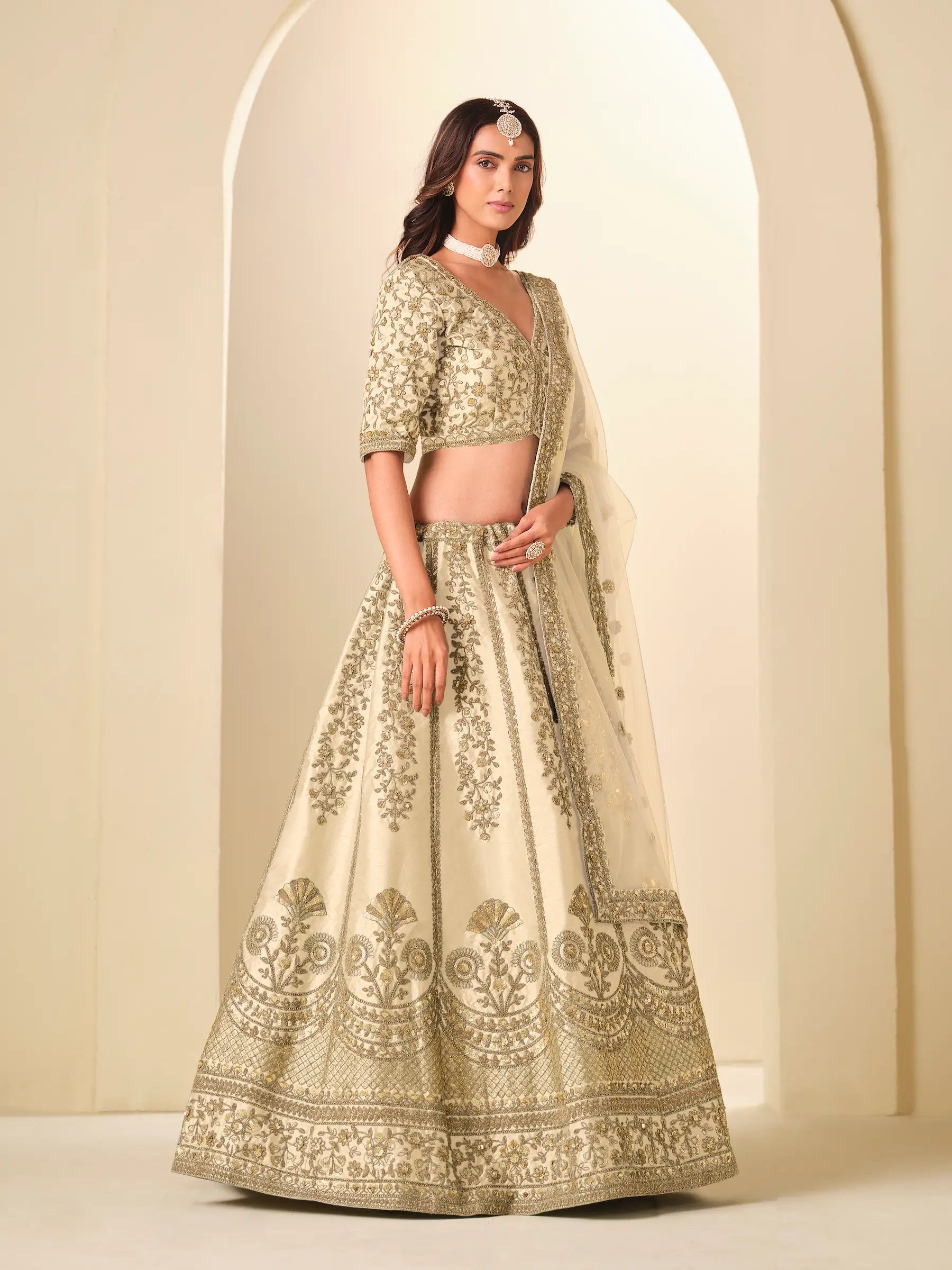 Almond Beige Art Silk Embroidered Lehenga Choli
