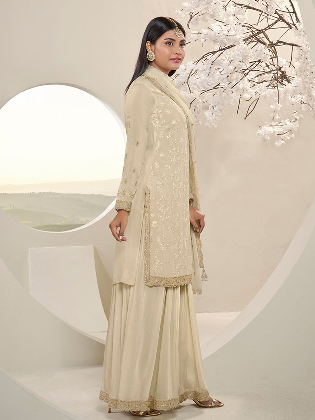 Off White Floral Pattern, Thread with Sequins & Zari Embroidered Sharara Suit Set - qivii