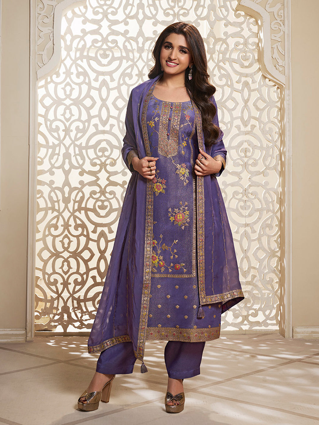 Purple Tissue Silk Meena Jacquard Designer Panel Work Kurta Suit Set - qivii