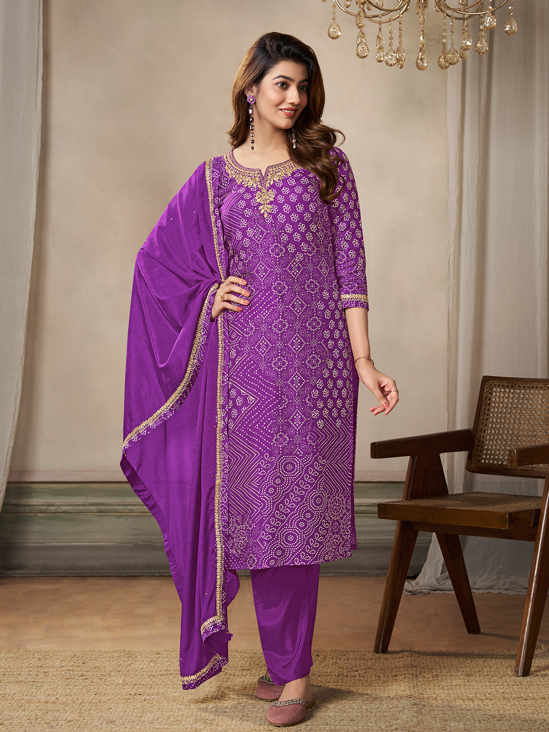 Purple Dola Bandhni Printed with Embroidery Kurta Suit Set - qivii