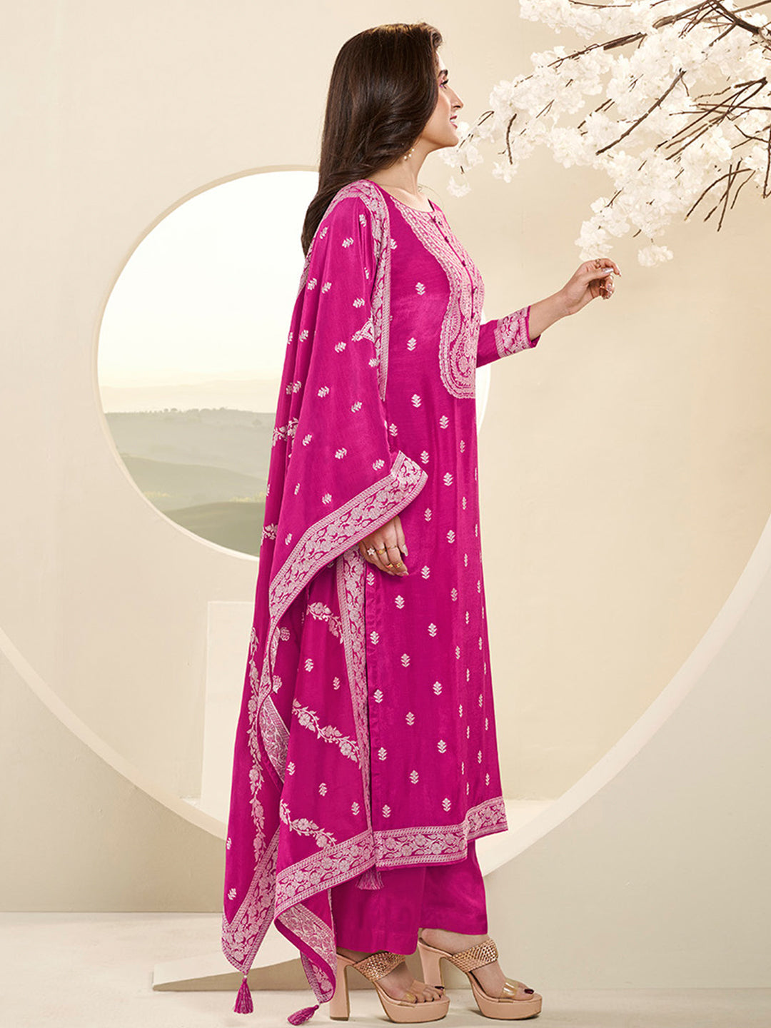 Muslin Jacquard Burnt Pink Kurta Suit Set with White Thread Weave with Handcrafted Buttons