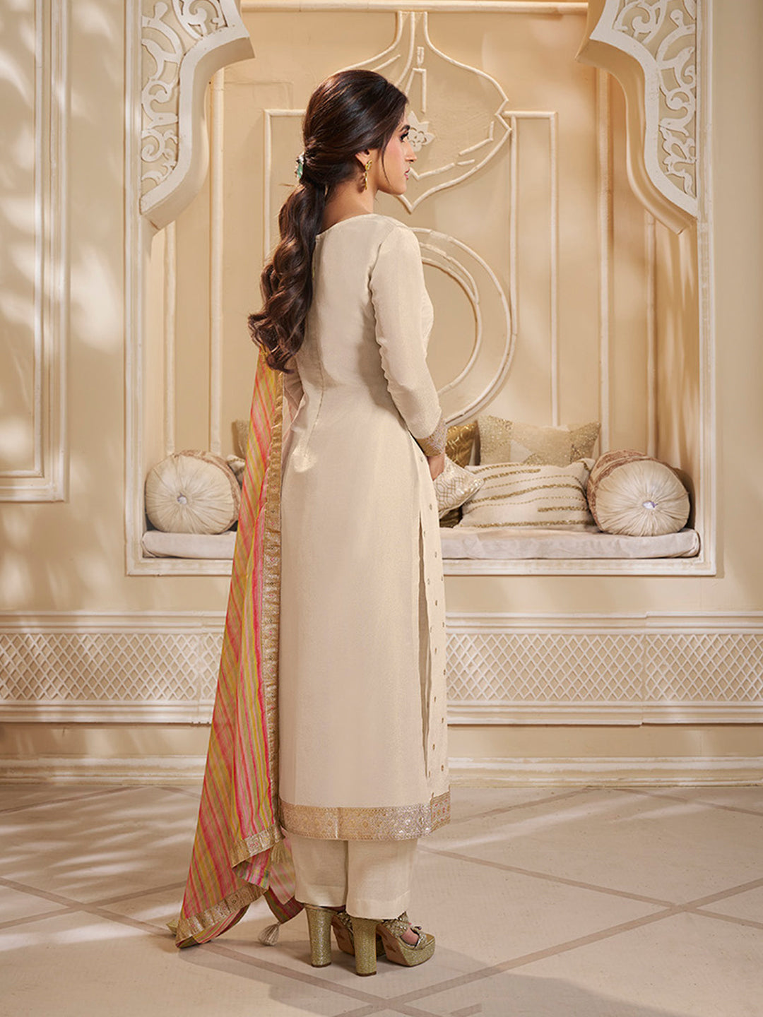 Cream Tissue Silk Meena Jacquard Designer Panel Work Kurta Suit Set