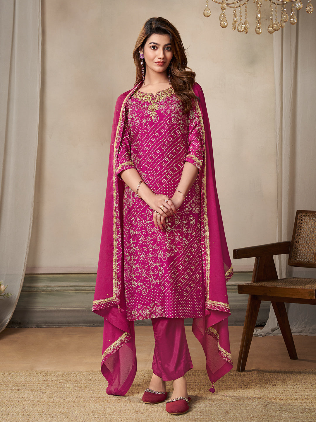 Pink Dola Bandhni Printed with Embroidery Kurta Suit Set - qivii