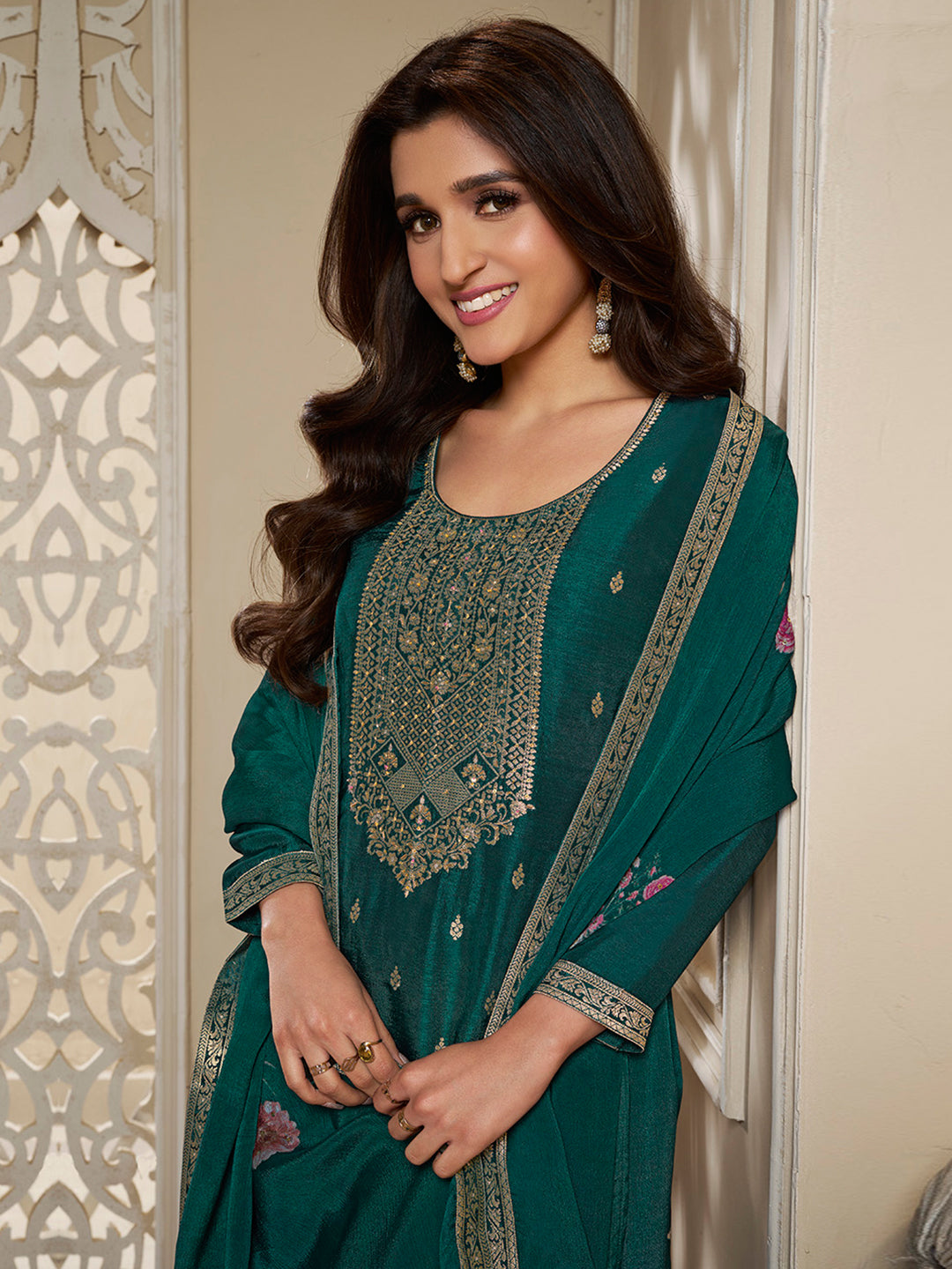 Dola Silk Jacquard Green Kurta With designer Yoke and handwork with trousers and Dupatta