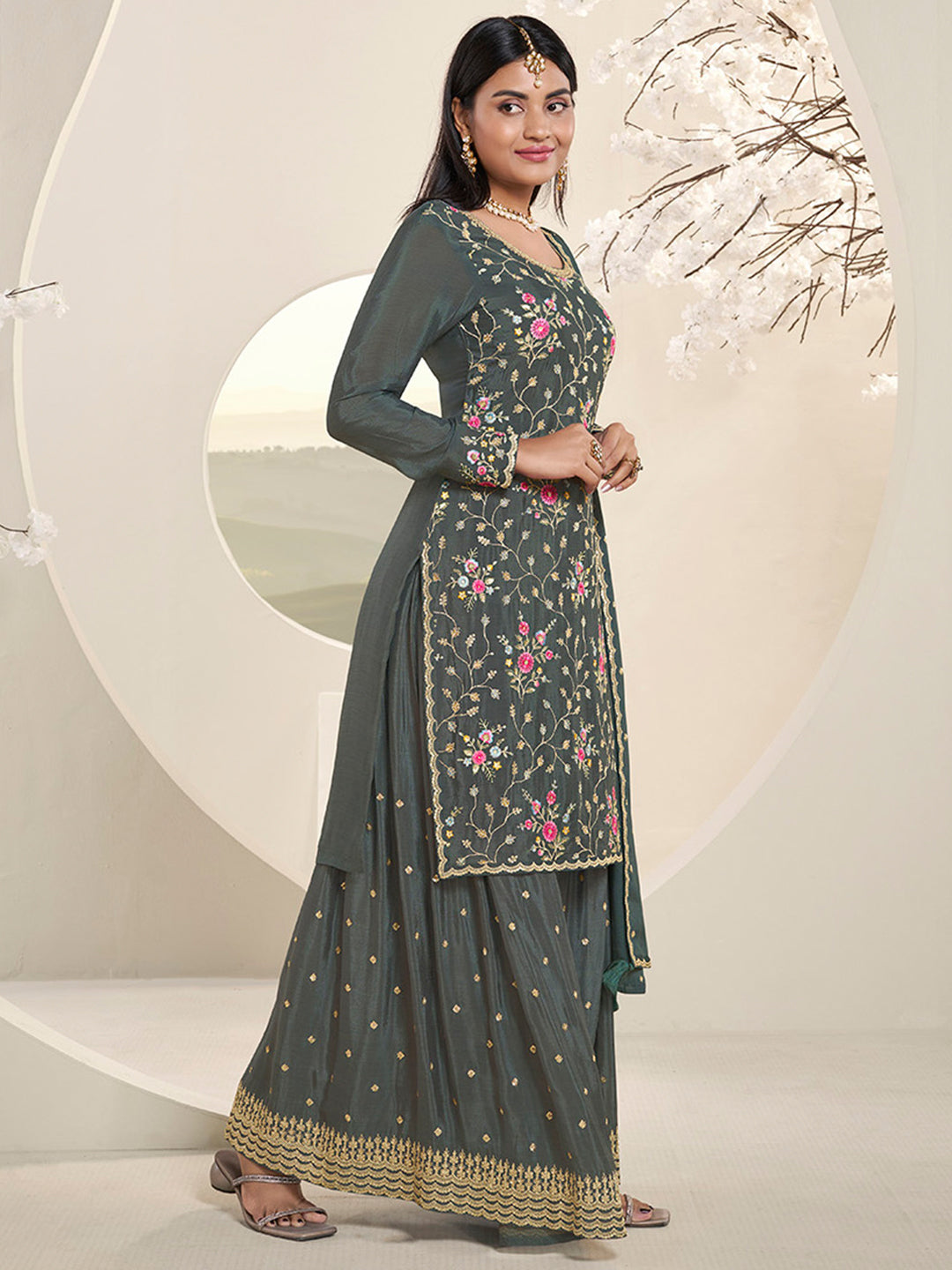 Grey Multi Colour Floral Thread & Embroidered Sharara Suit Set - qivii