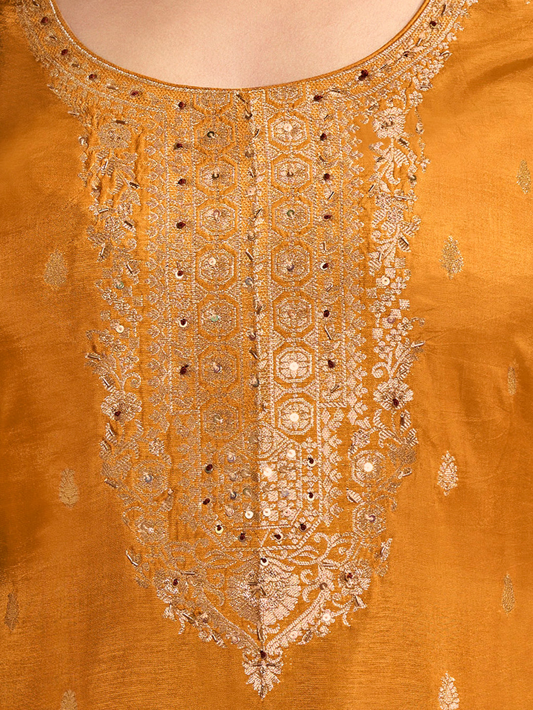 Dola Silk Jacquard Yellow Kurta With designer Yoke and handwork with trousers and Dupatta