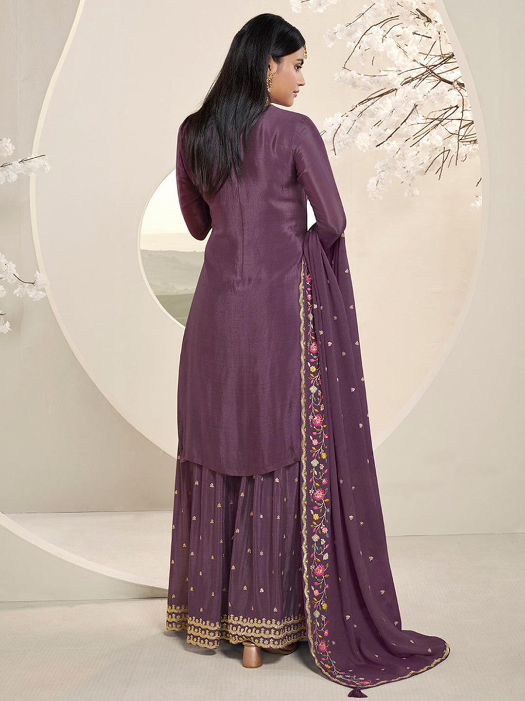 Purple Multi Colour Floral Thread & Embroidered Sharara Suit Set
