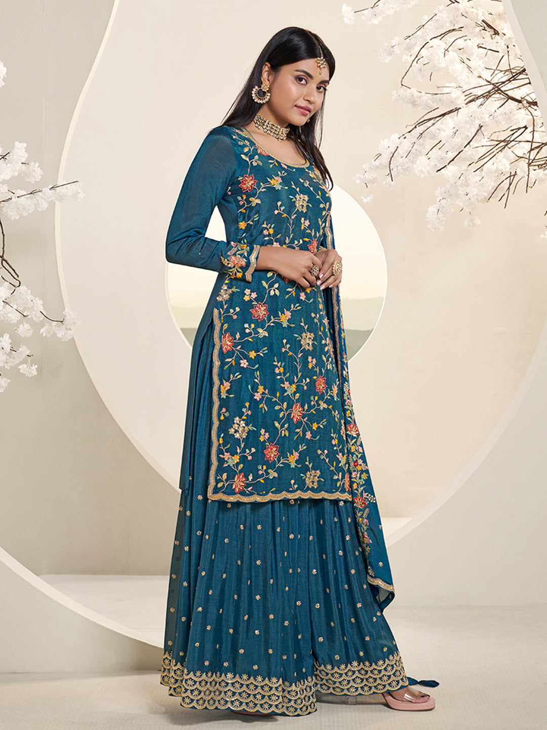 Blue Multi Colour Floral Thread & Embroidered Sharara Suit Set - qivii