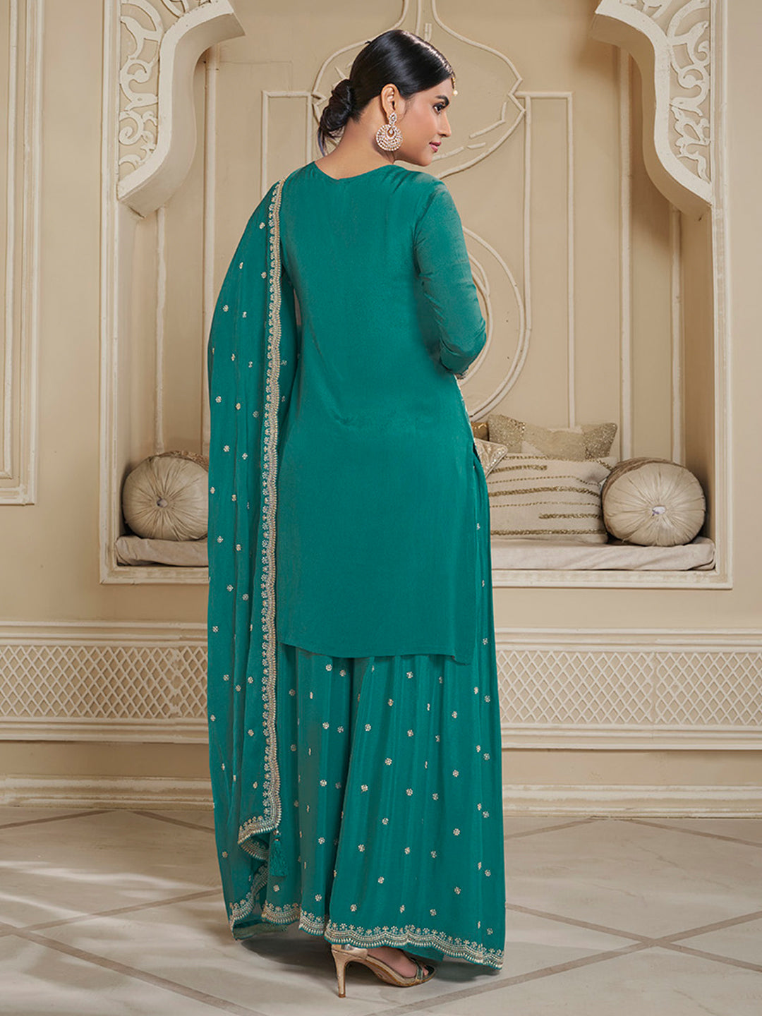 Turqouise Floral Pattern, Thread and Sequins Embroidered Sharara Suit Set - qivii