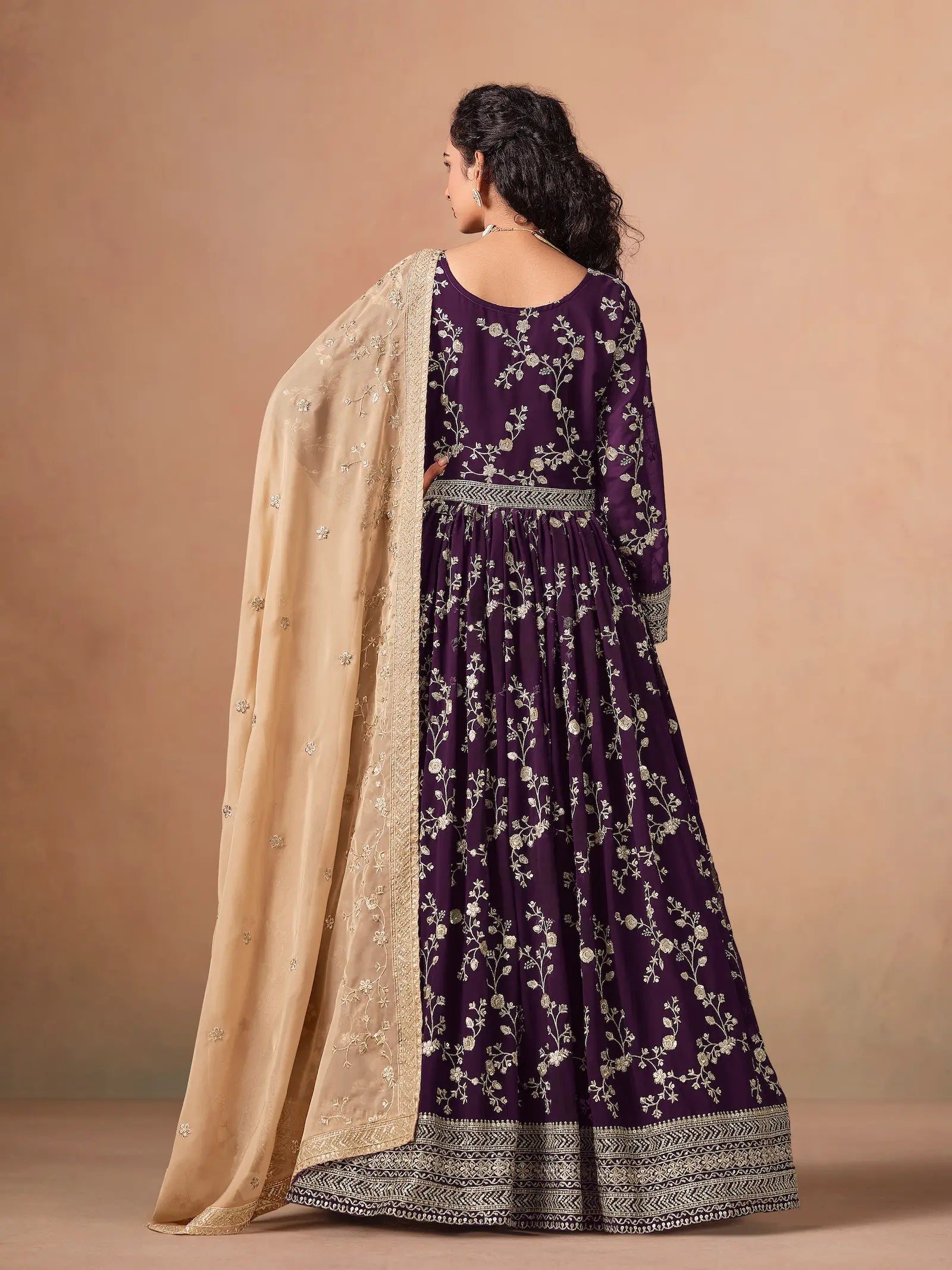 Purple Georgette Embroidery Gown With Organza Dupatta