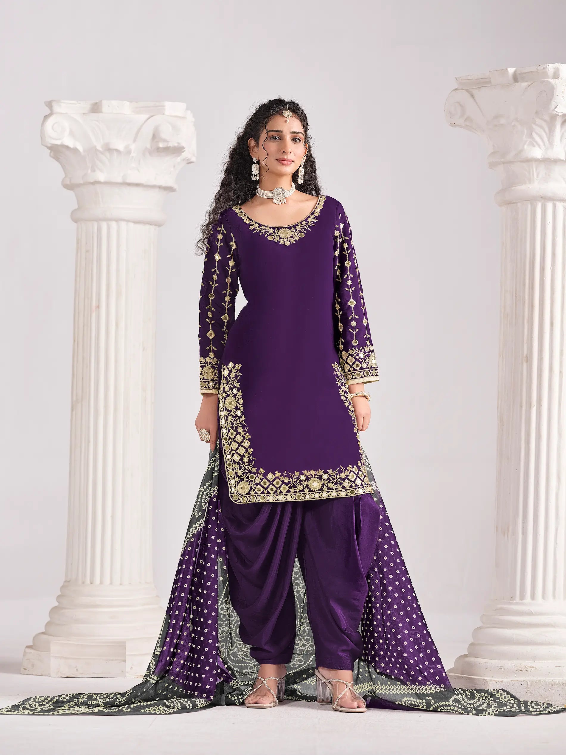 Purple Silk Salwar Suit With Mirror Work & Embroidery - qivii