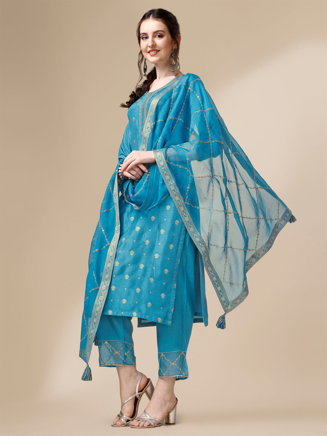 Teal Jacquard Kurta Suit Set - qivii