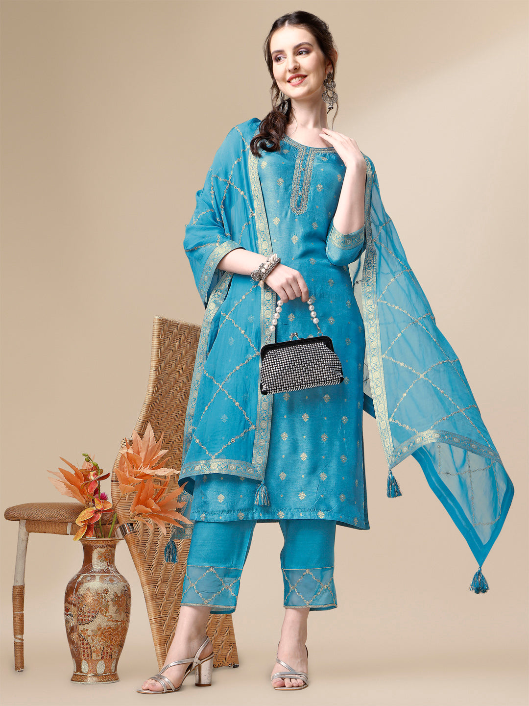 Teal Jacquard Kurta Suit Set - qivii