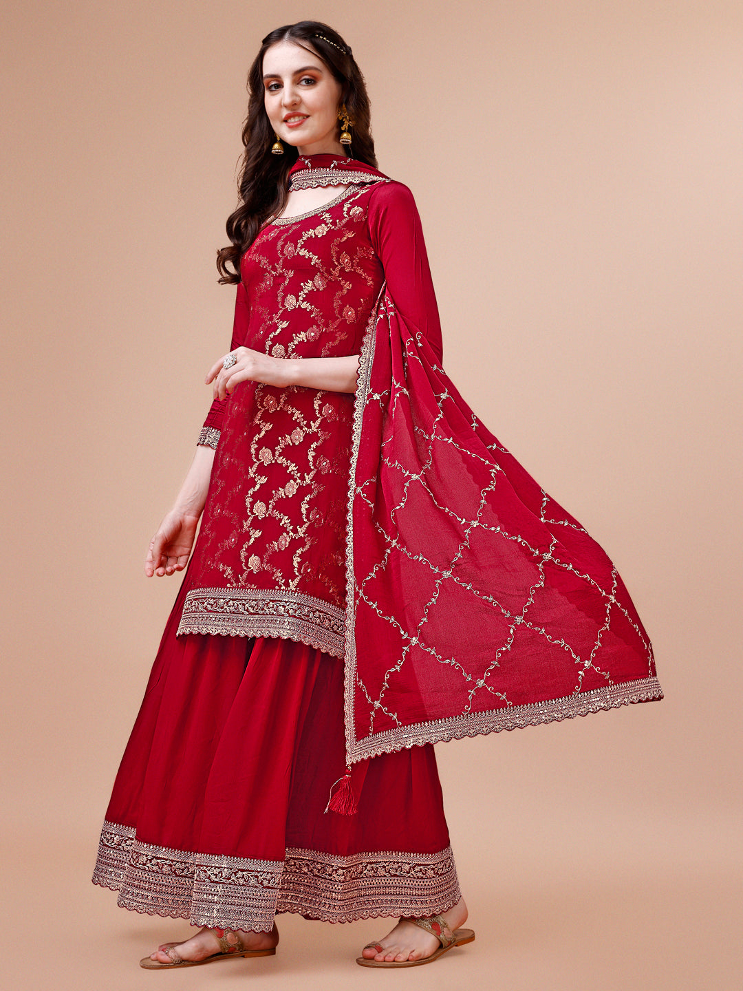 Red Bridal Sharara Suit Set with Jacquard and Embroidery - qivii