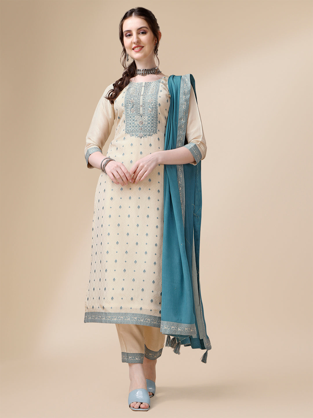 Cream Jacquard Tissue Kurta Suit Set