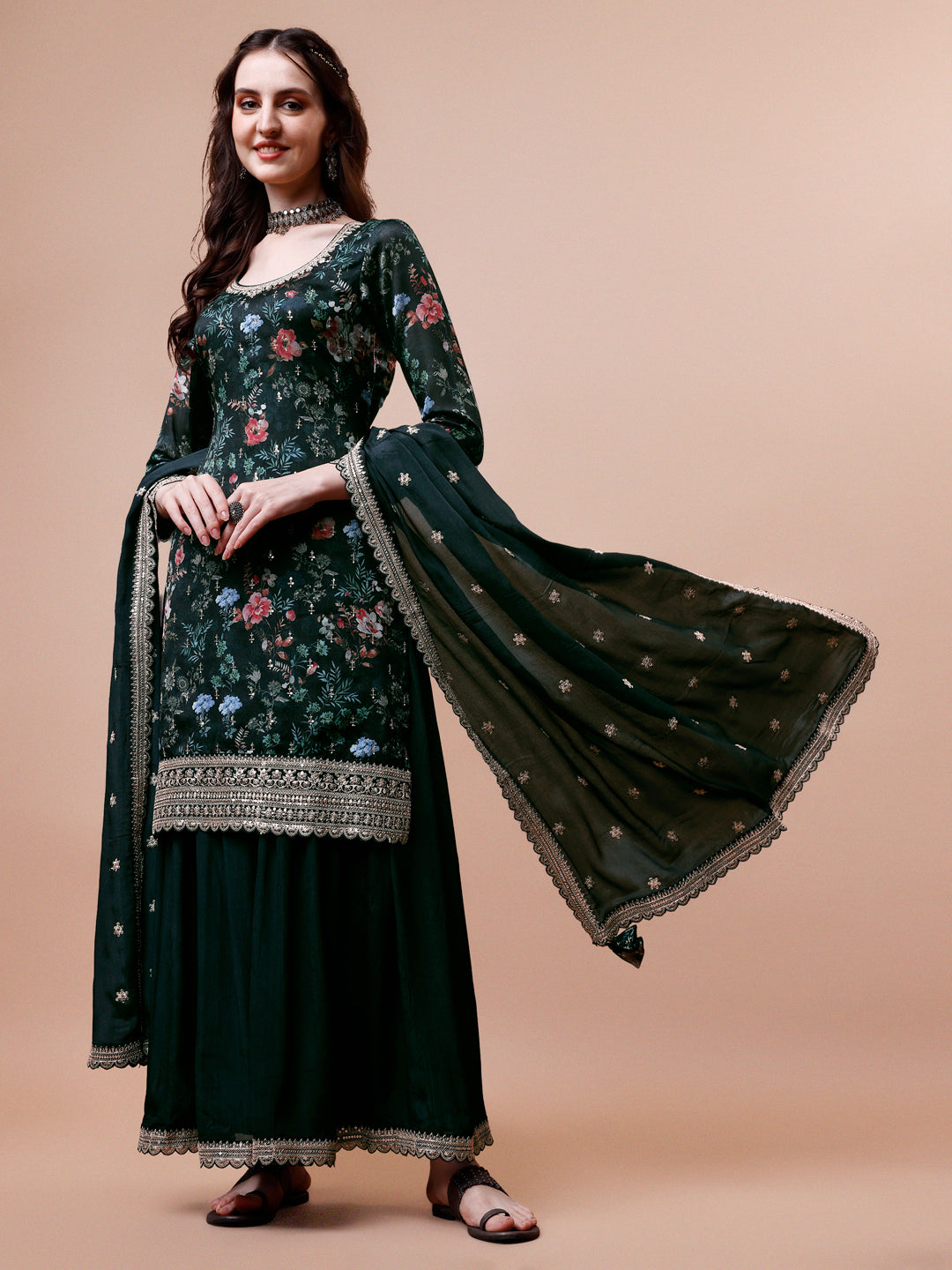 Rama Printed with Embroidered Sharara Suit Set
