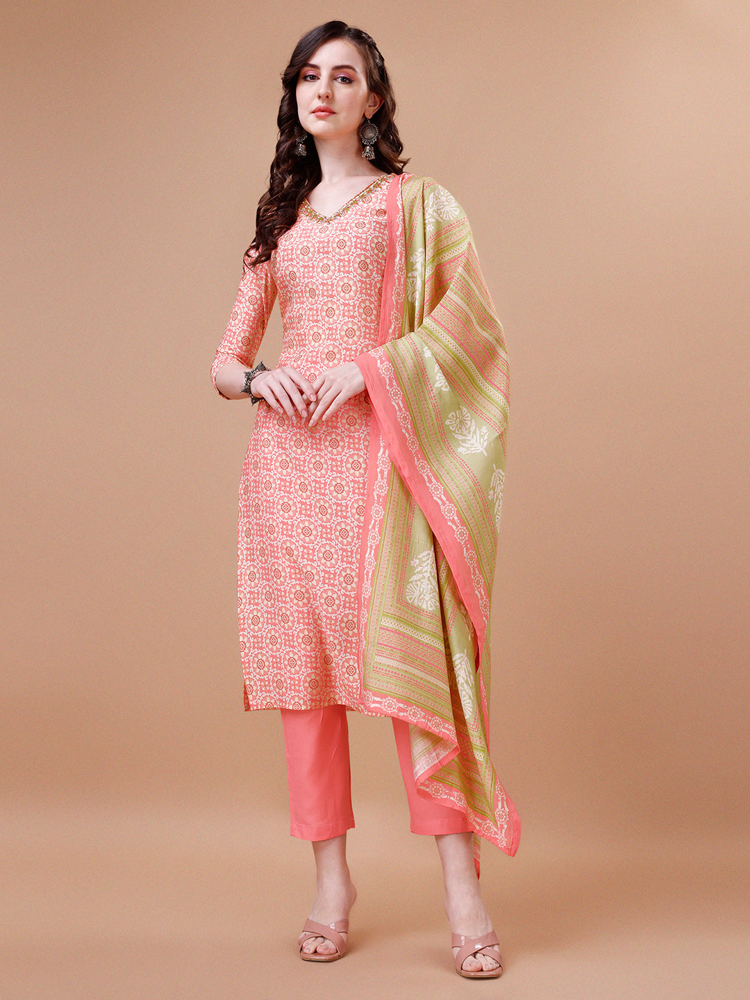 Peach Printed Kurta Suit Set