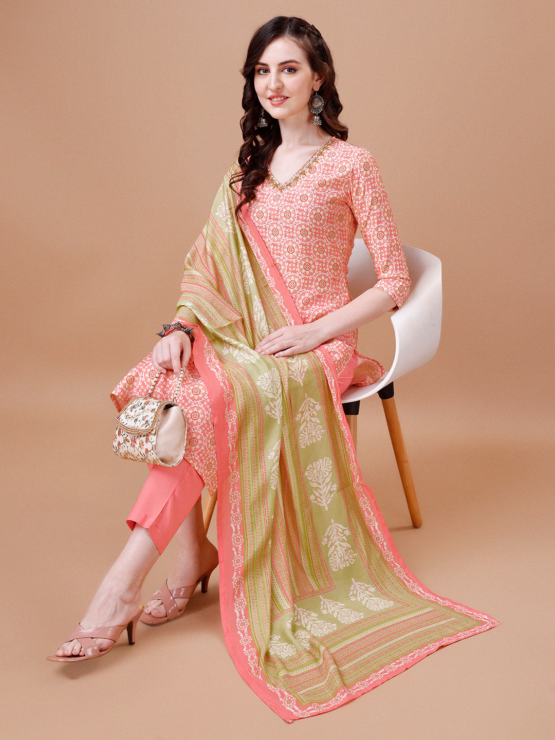 Peach Printed Kurta Suit Set