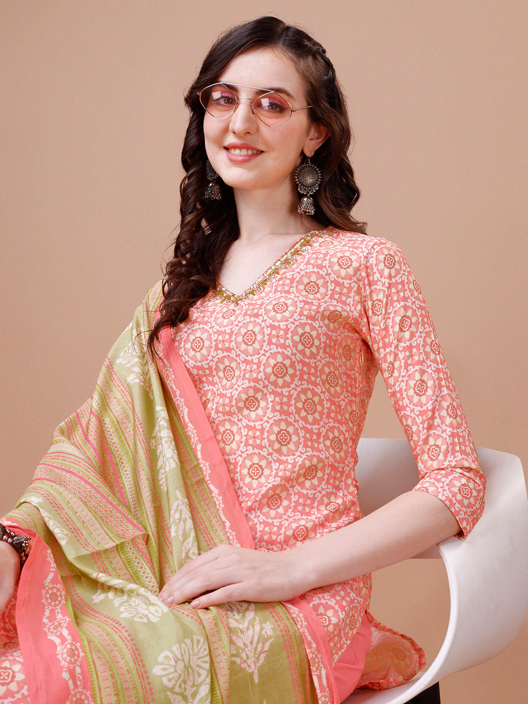 Peach Printed Kurta Suit Set