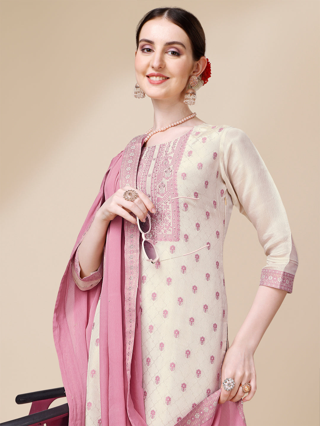 Cream Jacquard Tissue Kurta Suit Set