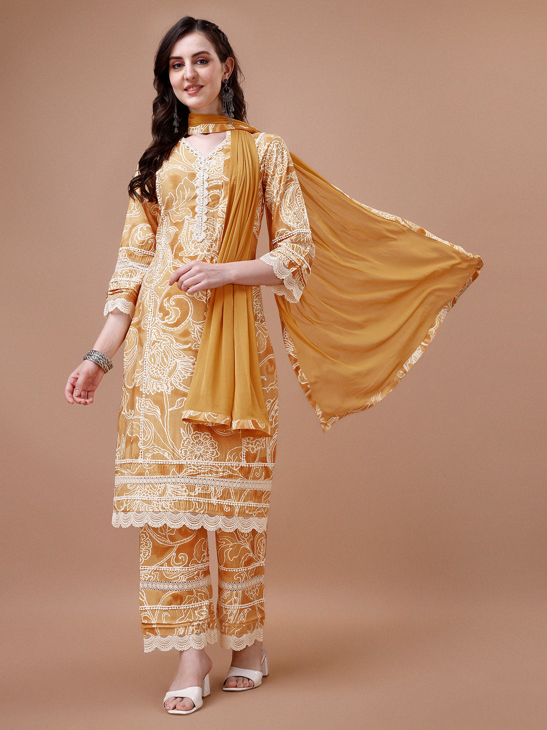 Mustard Yellow Printed Kurta Suit Set