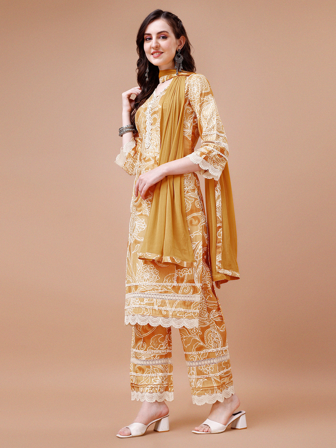 Mustard Yellow Printed Kurta Suit Set