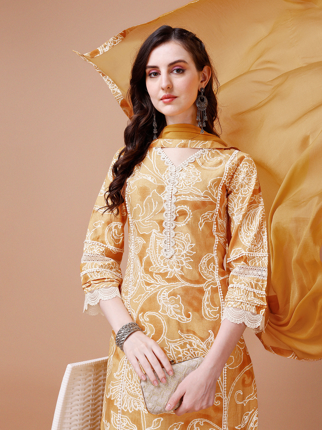 Mustard Yellow Printed Kurta Suit Set