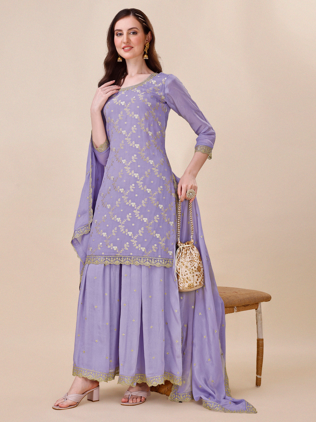 Light Purple Jacquard Sharara Suit Set - qivii