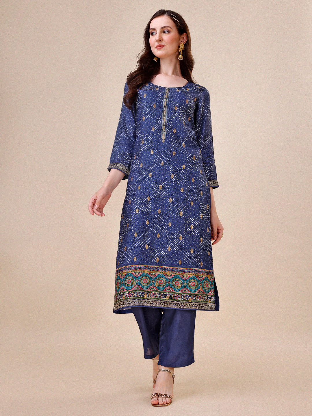 Blue Bandhani Print Jacquard Kurta Suit Set