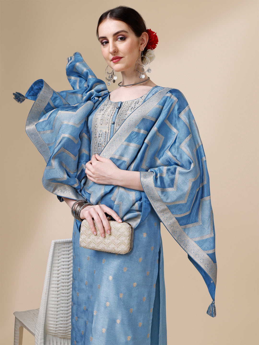 Blue Jacquard Kurta Suit Set with Rangkat Dupatta
