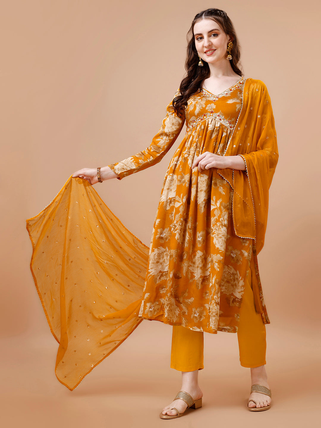Mustard Yellow Printed Alia Cut Kurta Suit Set - qivii