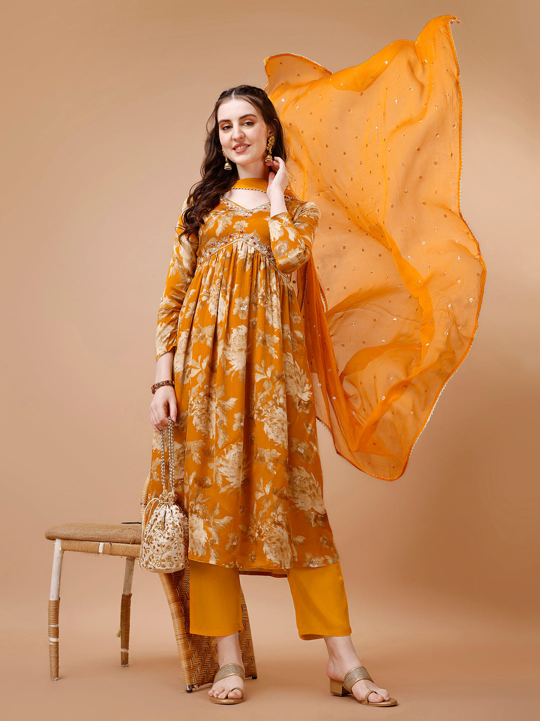Mustard Yellow Printed Alia Cut Kurta Suit Set - qivii