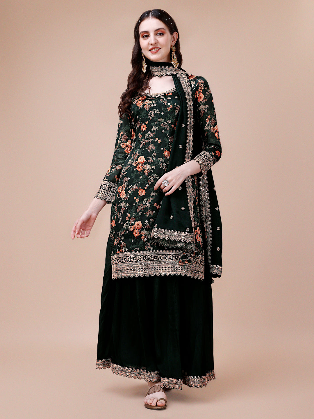 Green Printed with Embroidered Sharara Suit Set