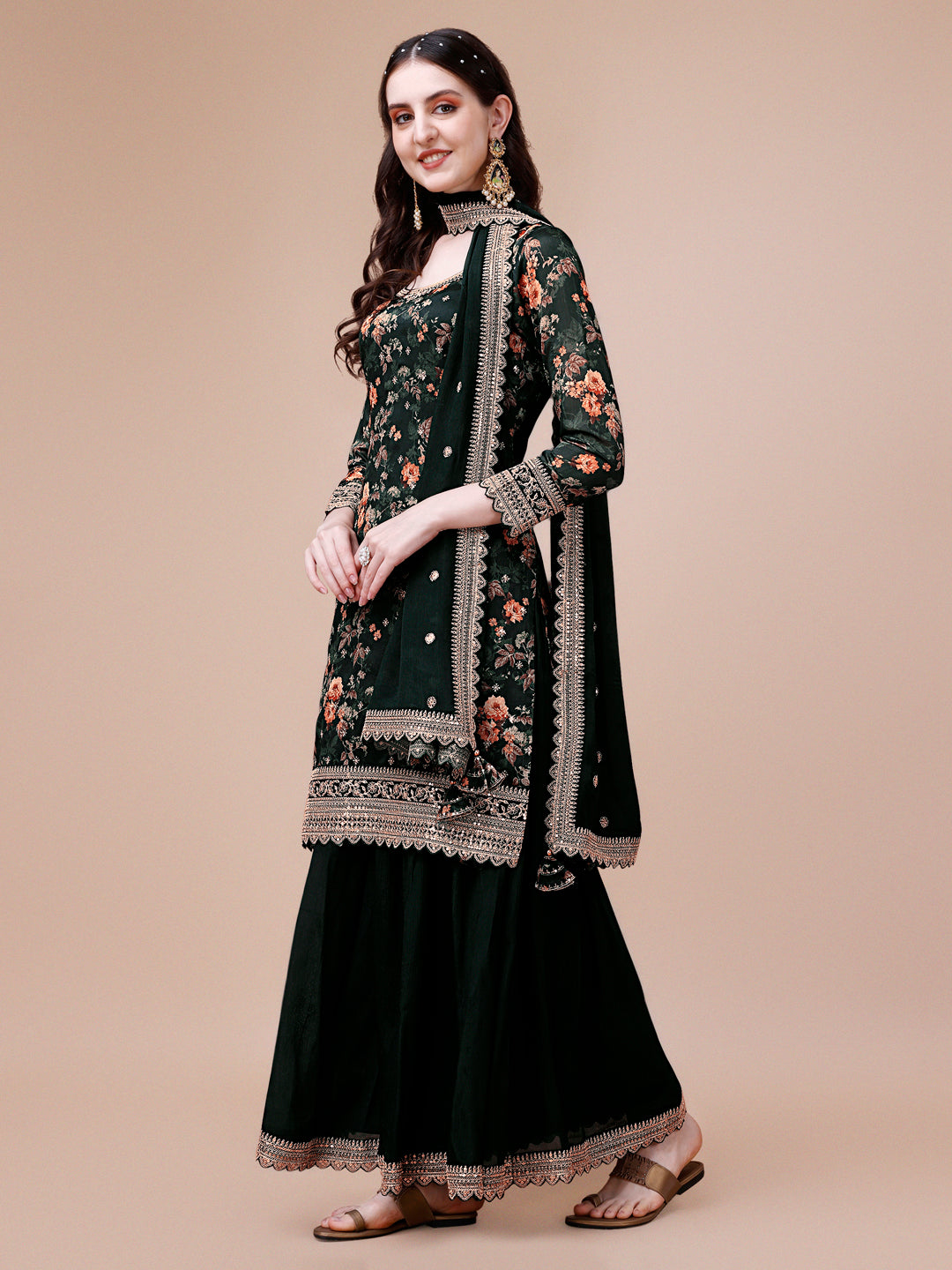 Green Printed with Embroidered Sharara Suit Set