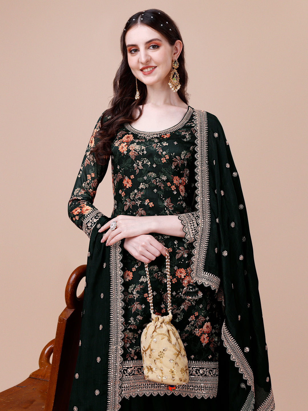 Green Printed with Embroidered Sharara Suit Set