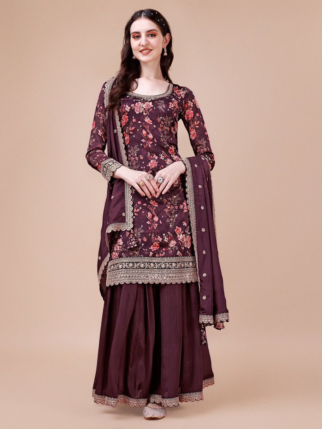 Wine Printed with Embroidered Sharara Suit Set