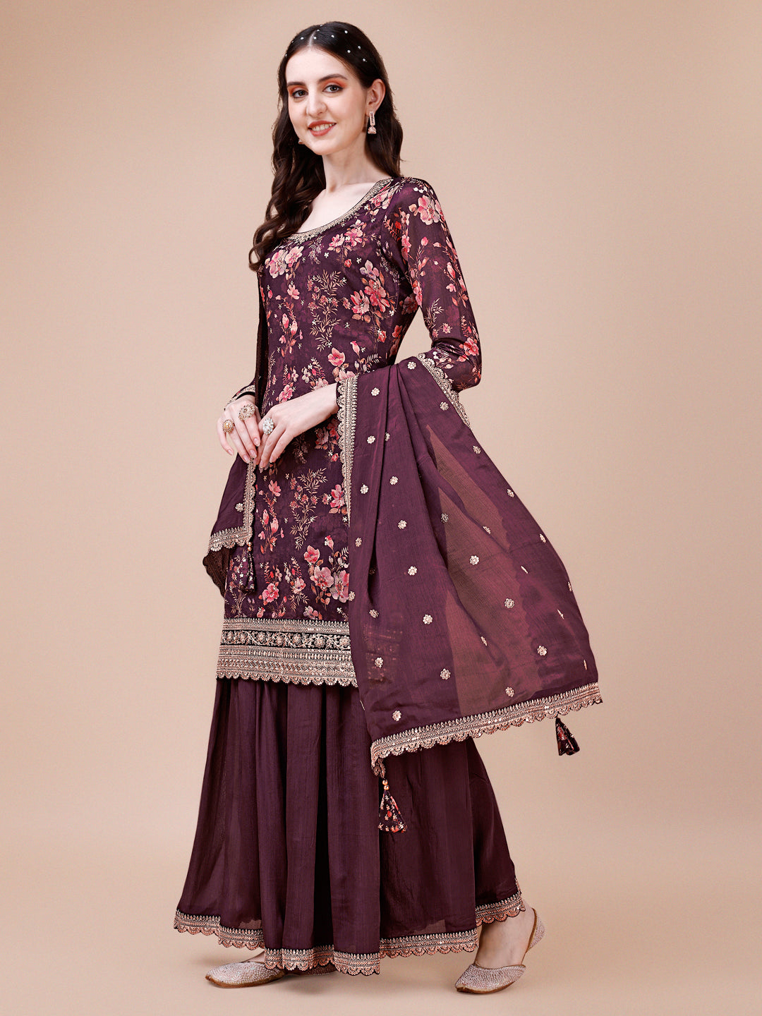 Wine Printed with Embroidered Sharara Suit Set