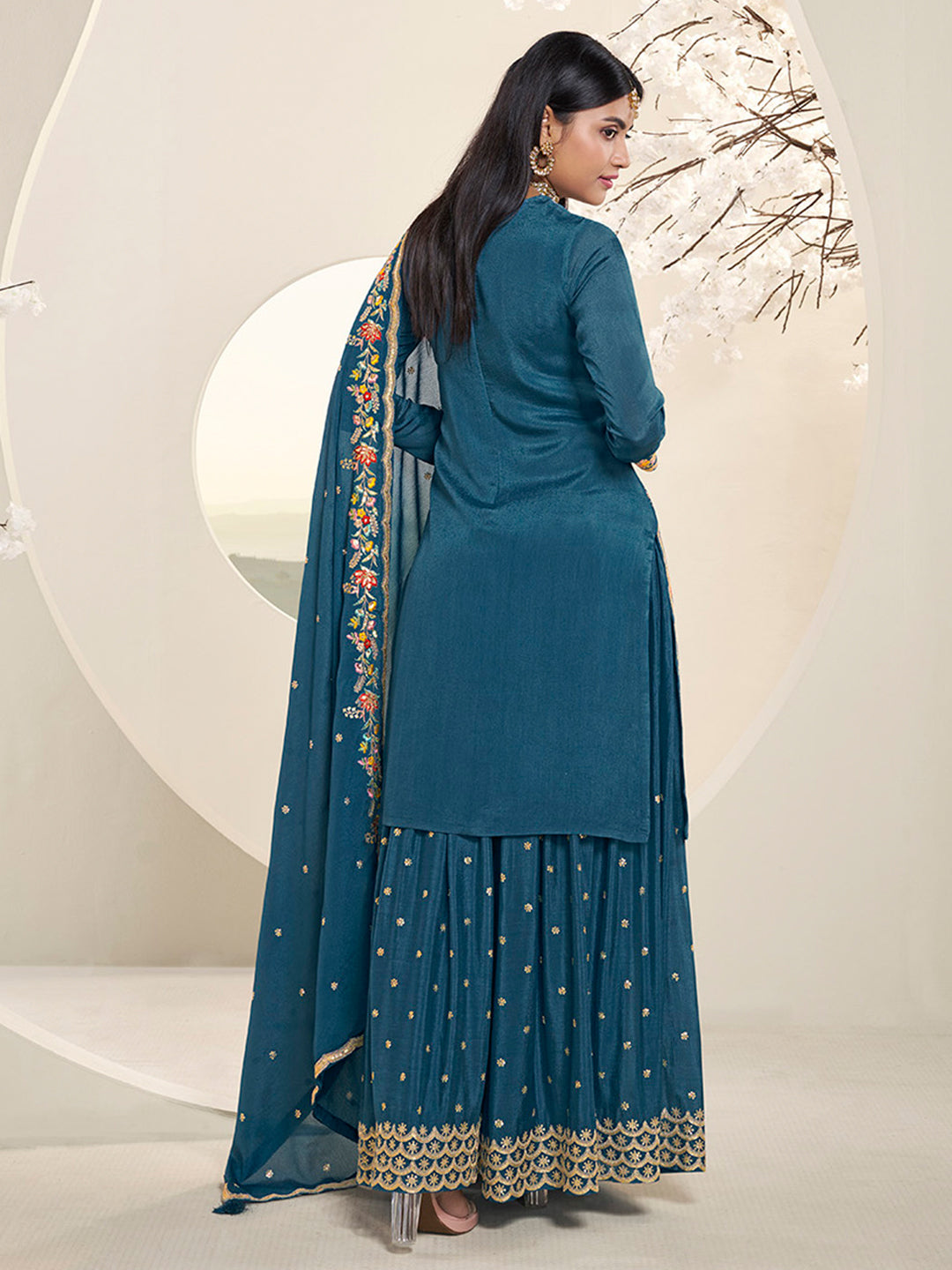 Blue Multi Colour Floral Thread & Embroidered Sharara Suit Set