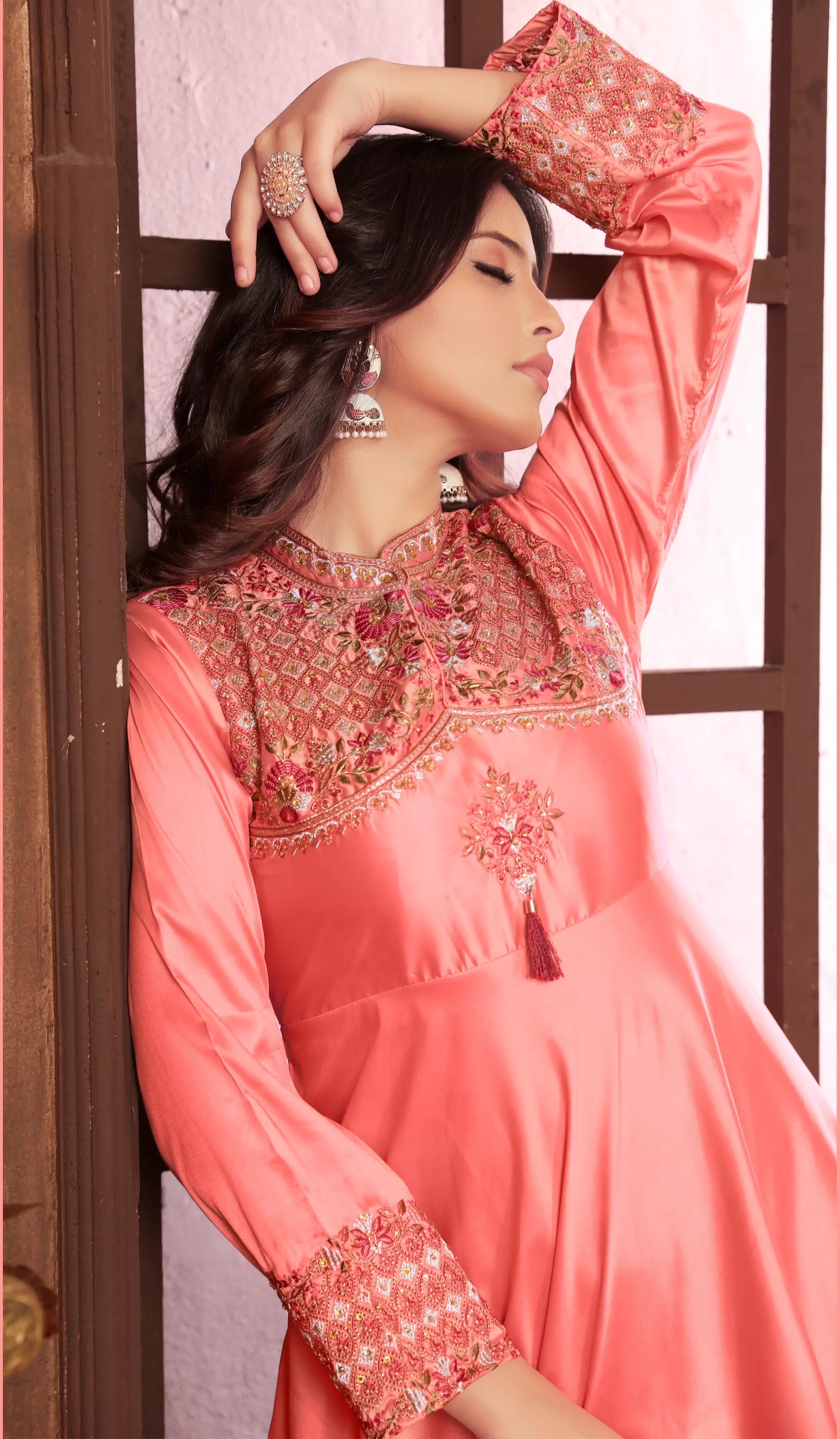 Peach Gown With Heavy Embroidery Work - qivii