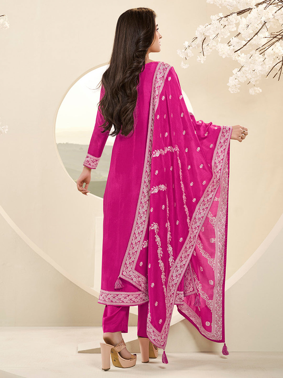 Muslin Jacquard Burnt Pink Kurta Suit Set with White Thread Weave with Handcrafted Buttons