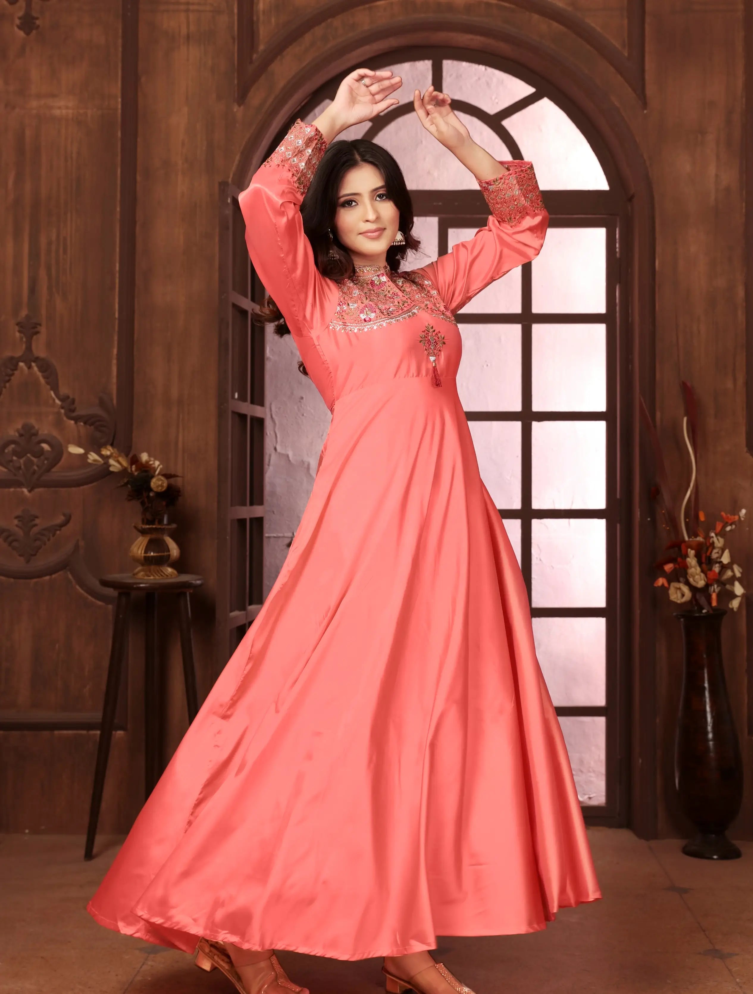 Peach Gown With Heavy Embroidery Work - qivii