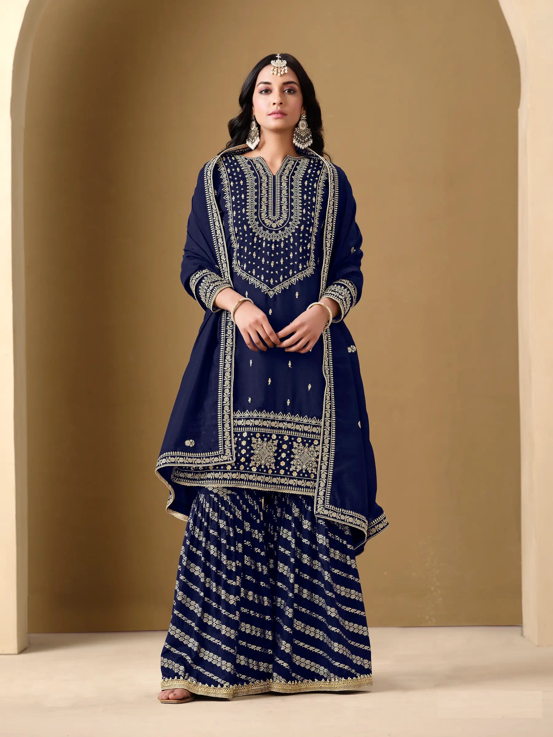 Navy Blue Art Silk Sharara Suit With Thread & Sequins Embroidery Work - qivii