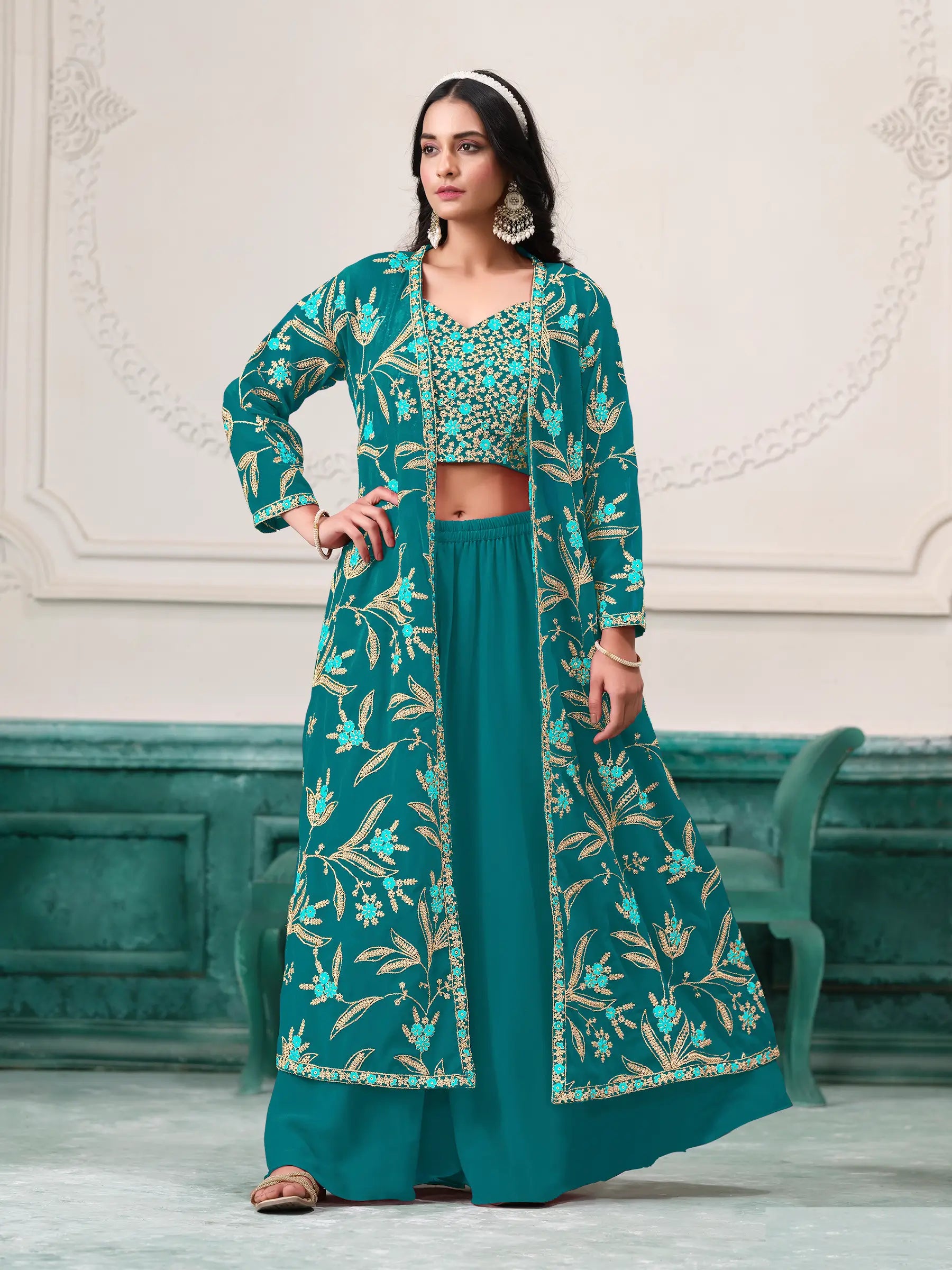 Blue Georgette Indo Western Set With Thread & Sequins Embroidery Work - qivii